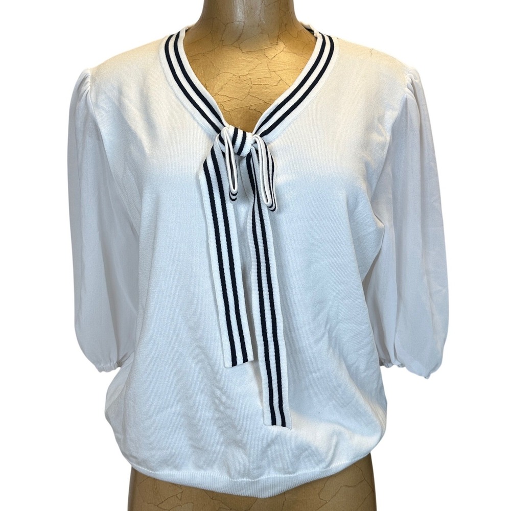 Nanette Lepore White Nautical Tie Neck Sweater Sheer Puff Sleeve Large